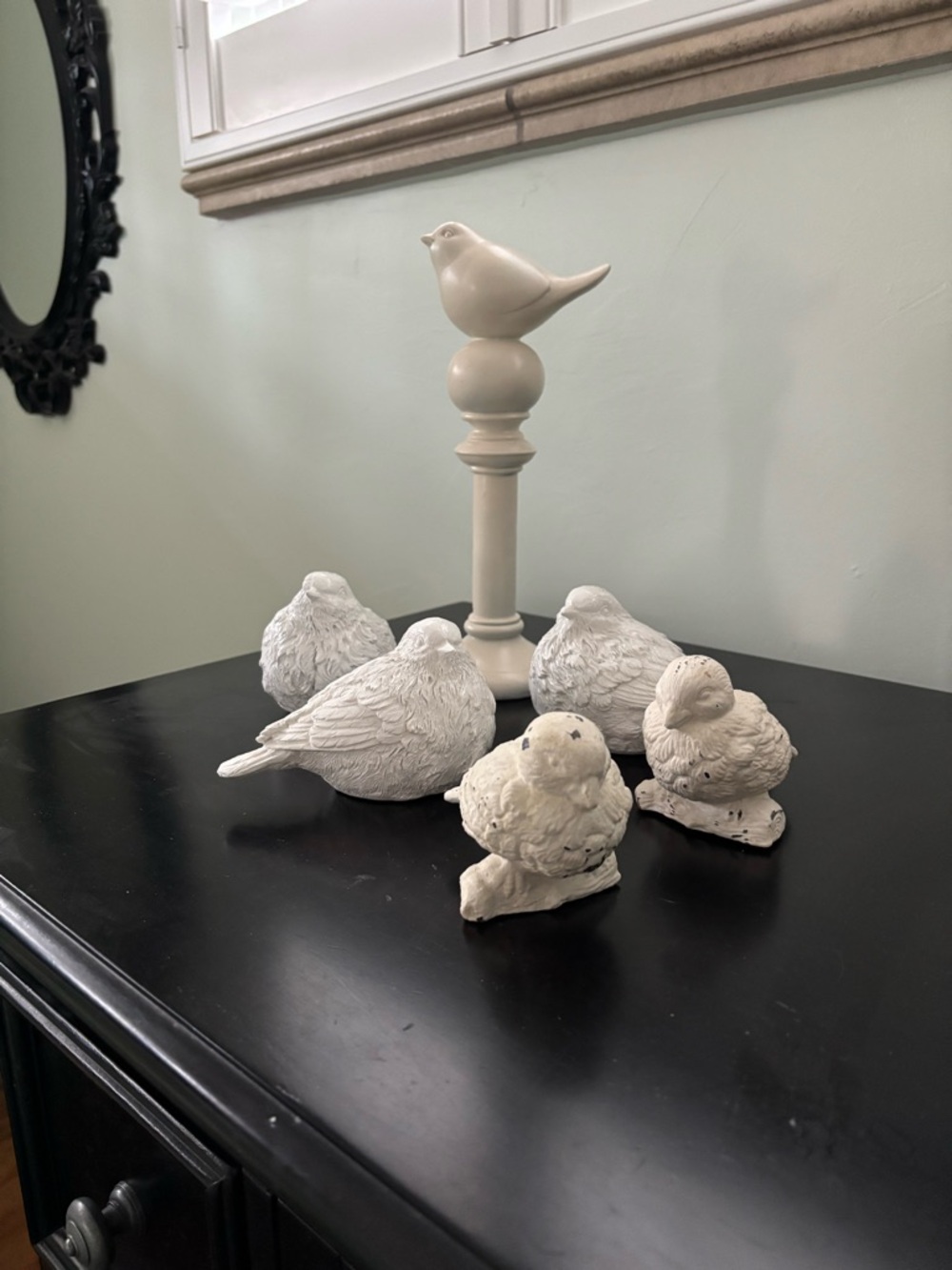 White Ceramic and resin Bird Figurine Set - Decorative Tabletop Birds Six Pieces